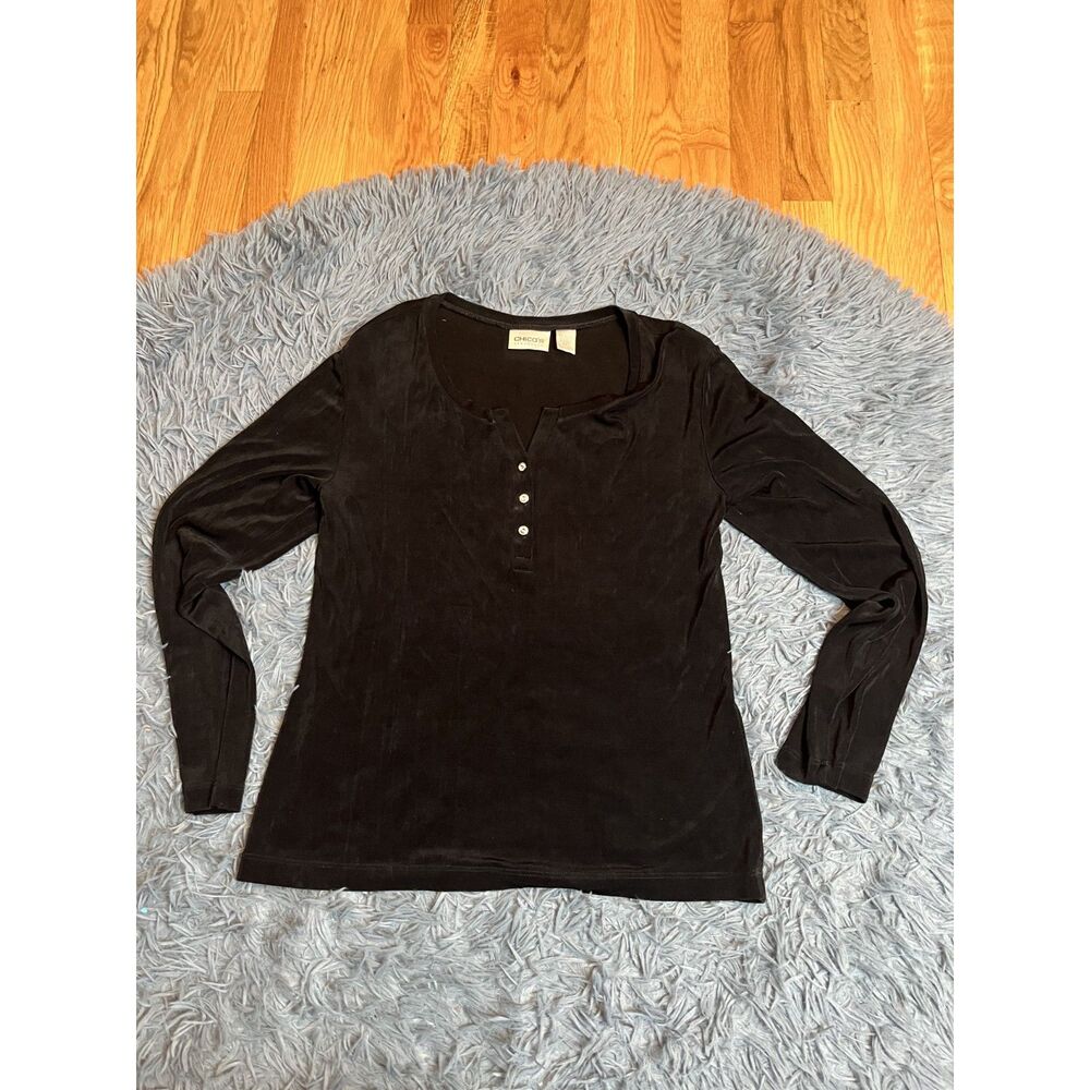Chicos Travelers Black Slinky Long Sleeve Top Embellished Buttons Size M 1